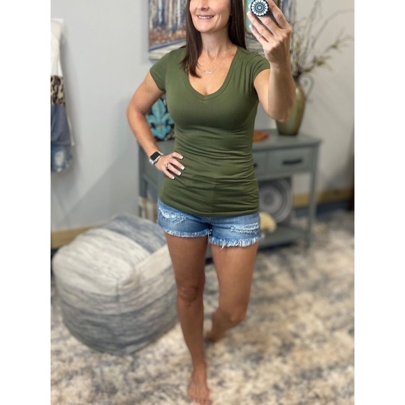 V Neck Cotton Short Sleeve Slimming Basic Baby Tee Deep Olive 0060 - Picture 2 of 4